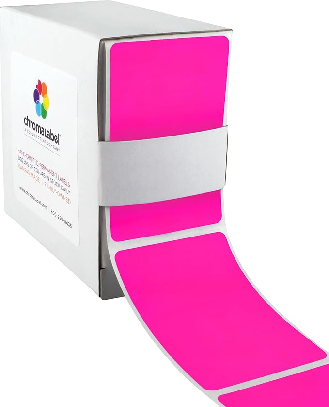 ChromaLabel 2 x 3 inch Permanent Color Code Rectangle Labels, 250 Labels per Dispenser Box, Fluorescent Pink