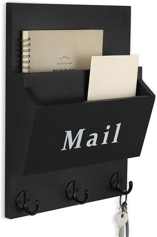 Lucundm Mail and Key Holder - Decorative 9.8" x 12.5" Wall Key Hanger with 2 Mail Organizer Slots and 3 Hooks - Real Paulownia Wood with Keyhole Brackets, Hardware and Instructions (Black)
