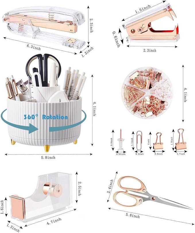 Gawsey Desk Organizers and Accessories Set with 360-Degree Rotating Pen Holder, Acrylic Stapler, Tape Holder, Staple Remover, Binder/Paper Clips Kit, Scissor and 1 Box of Staples