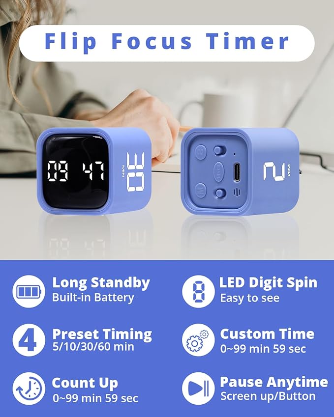 Productivity Timer Flip Gravity Sensor Cube Timer Countdown & Countup,Mute & Vibrate & Sound，5/10/30/60min & Custom Timing, Perfect for ADHD,Work,Learning,Kitchen Cooking (1Blue)