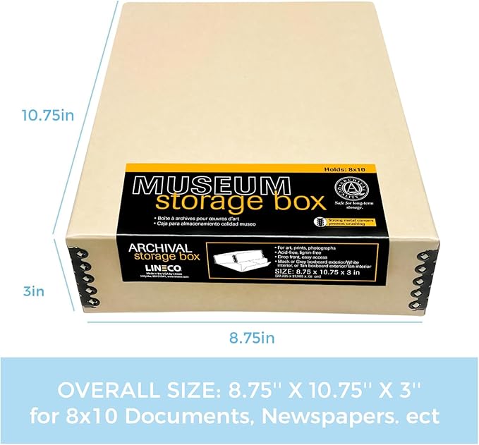 Lineco Museum Archival Storage Box, 8.75x10.75x3 in. Drop Front Design. Acid-Free with Metal Edge. Organize Photos, Pictures, Prints, Documents, Crafts, DIY. Tan, 1 Pack