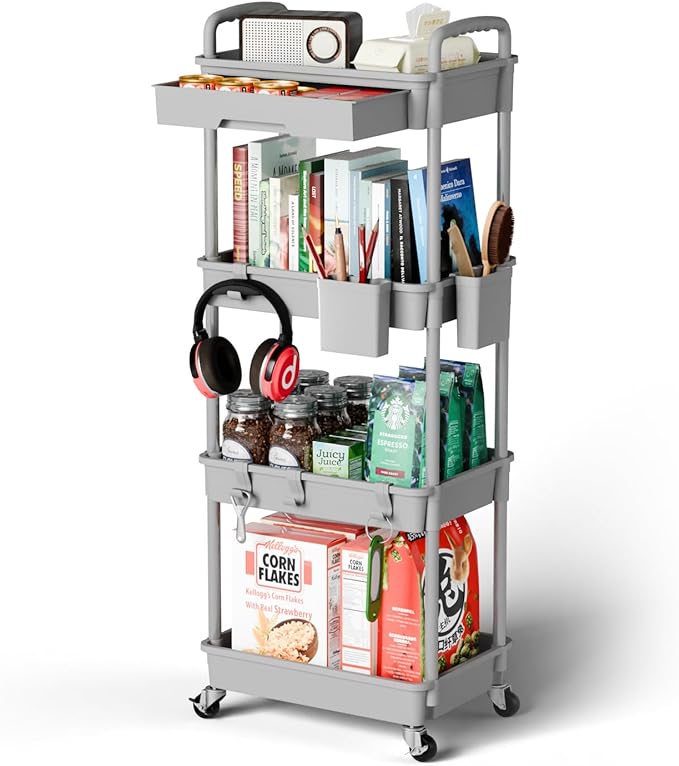 Sorgion 4 Tier Rolling Cart Organizer,Art Craft Diaper Bedside Snack Laundry Room Bathroom Organizer Narrow Thin Slim Rolling Trolley Utility Cart with Wheels for Kitchen,Office(Grey)
