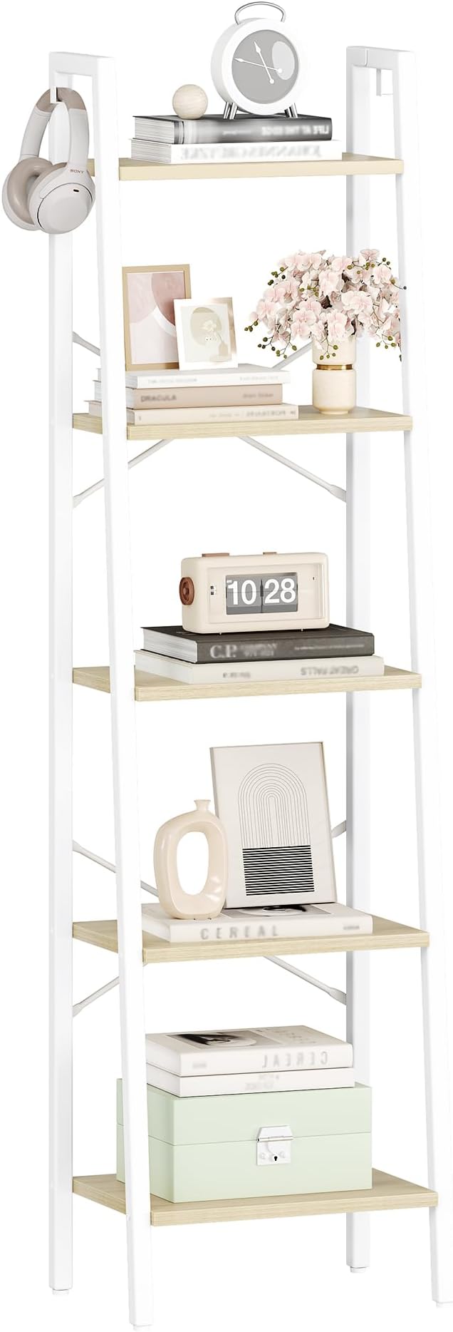Hzuaneri Ladder Shelf, Bookshelf Bookcase, Freestanding Corner Storage Shelve with 2 Hooks for Home Office, Living Room, Kitchen, Bedroom, Industrial, 11.8" D x 17.3" W x 63" H, White Oak and White