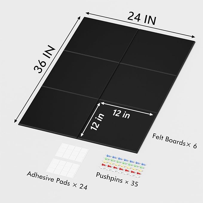 Neatsure Large Cork Board for Wall, Black Felt Bulletin Board with Pushpins, 36" x 24" 6 Panels Wall Tiles, Tack Push Pin Boards for Office