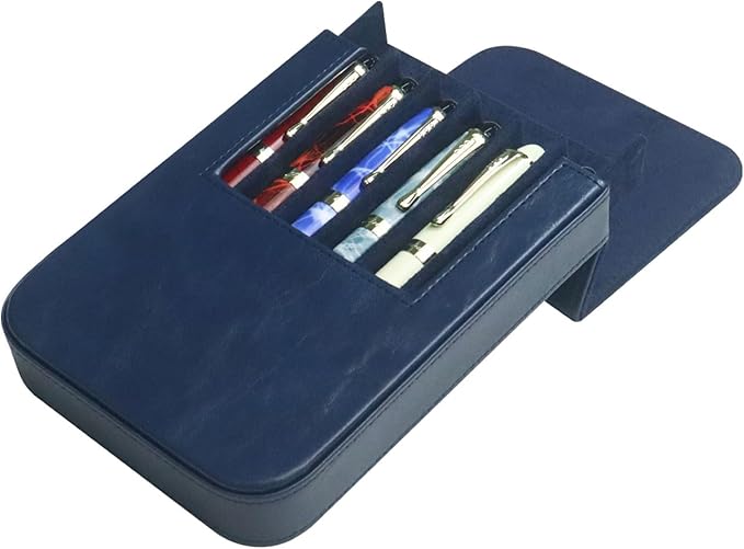 MIVLXLX Leather 6 Fountain Pen/Pencil Tray Case, Handmade, Magnetic Closure with Drawer Design, Gift Choice for Man/Woman/Office, 6 Slots（blue）