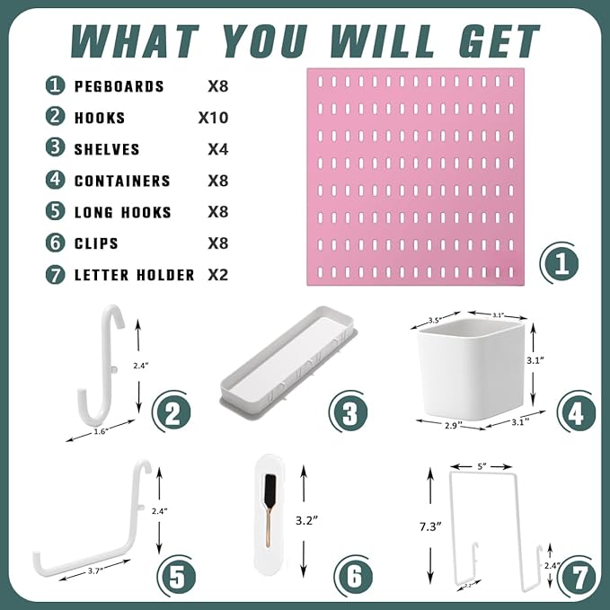 MULSAME Pegboard Combination Kit, 25.2" x 50.4" Wall Mounted Storage Set with 8 Pegboards & 40 Accessories Hanging, Peg Boards Organizer