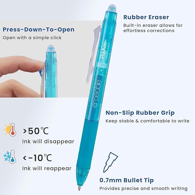 ParKoo Erasable Gel Pens, 15 Colors Retractable Erasable Pens Clicker, Fine Point 0.7mm, Make Mistakes Disappear, Assorted Color Inks for Drawing Coloring Writing Planner