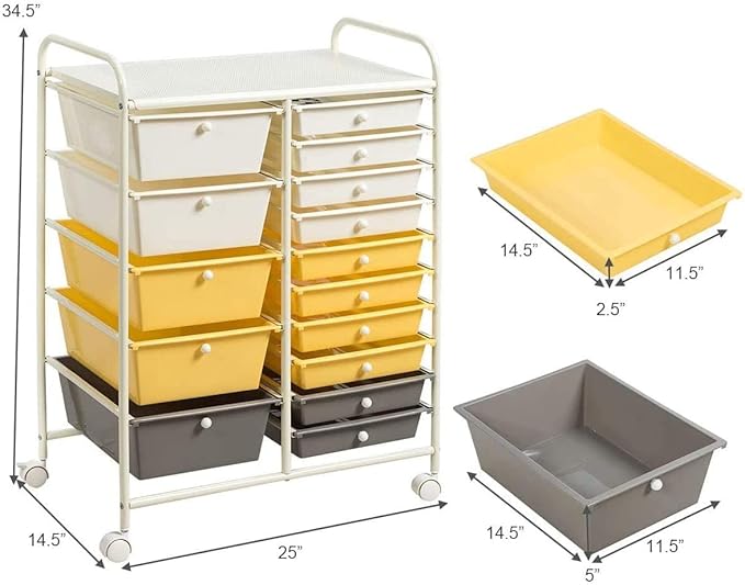 HAPPYGRILL 15-Drawer Rolling Cart, Storage Carts with Removable Drawers & Steel Frame, Utility Cart on Lockable Wheels for Home, School, Office, Yellow