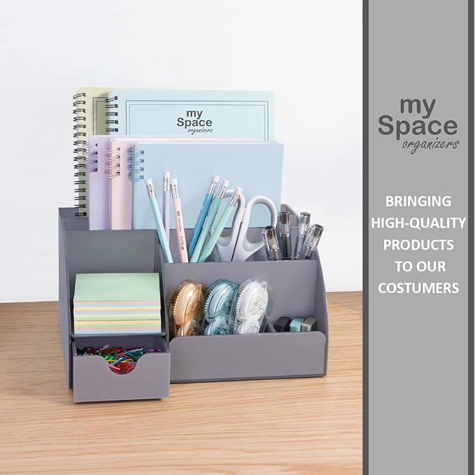 My Space Organizers Grey Desk Organizer, 9 Compartments, Office Supplies and Desk Accessories Organizer, Office Decor Desktop Organizer (Gray)