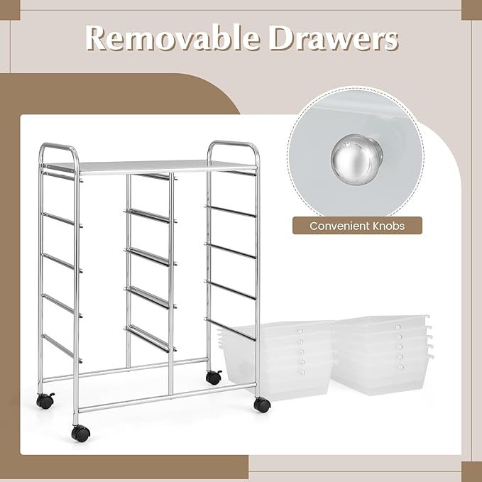 GOFLAME 10-Drawer Rolling Storage Cart, Art Craft Storage Organizer on Wheels, Multipurpose Movable Utility Cart for School, Office and Home, Clear