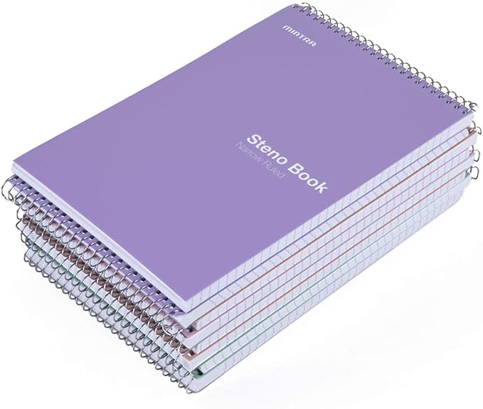 Mintra Office Steno Books - (Pastel 8PK - Lavender, Sage, Salmon, Spring Pink) - Poly Cover, Narrow Ruled Paper, 6" x 9", 100 sheets for Writing Notes for school, office, 6x9 steno notepad, top bound spiral (8 PACK)
