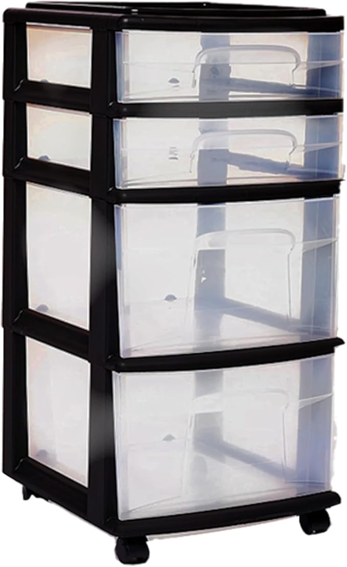 HOMZ Drawer Tower, 4-Tier Clear Plastic Storage Organizer Cart, Black Frame - Multi-Purpose Rolling Drawers with Wheels for Bedroom, Bathroom, and Office Organization