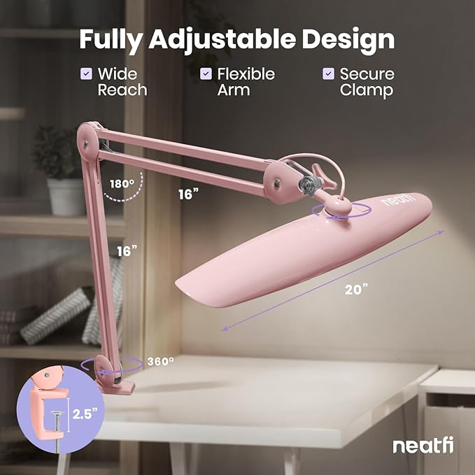 Neatfi XL 2,200 Lumens LED Task Lamp, 24W Super Bright Desk Lamp, 117 Pcs SMD LED, 4 Level Brightness, Dimmable, Task Light for Home, Office, Workbench (Non-CCT, Rose Gold)