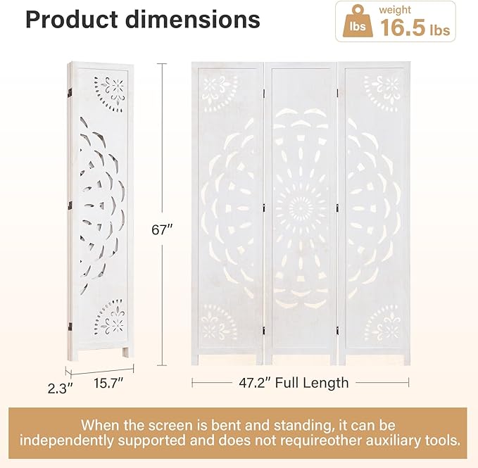 66.9Inch Wooden Room Partition - 3 Panels Boho-Styled Space Room Divider for Home/Office, Headboard & Yoga/Photo/Video Call Backdrop (White)