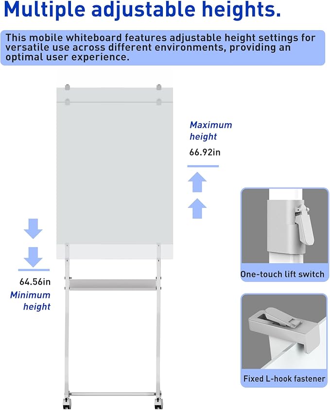 Mobile Glass Whiteboard, 24 x 36 inch Glass Board/w Height Adjustable, Large Portable Dry Erase Board with Stand and Wheels for Home, Office,Classroom &School, White
