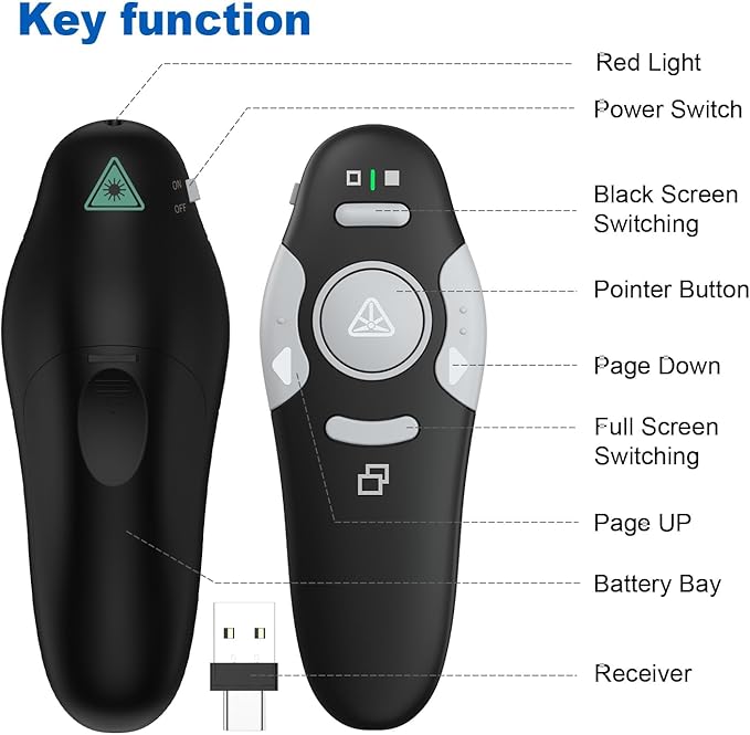 QUI Presentation Clicker Wireless Presenter Remote Clicker for PowerPoint Presentation Remote, PowerPoint Slide Advancer for Mac/Windows/Linux, Google Slide/PPT/Keynote, USB A&C, Black
