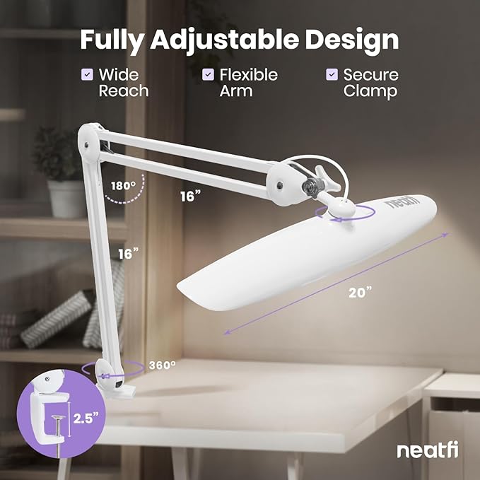 Neatfi XL 2,200 Lumens LED Desk Lamp with Clamp, 24W Bright Architect Task Lamp, 20 Inches Dimmable Computer Light, Adjustable Desk Light for Home, Office, Crafts, Nails & Hobbies (Non-CCT, White)