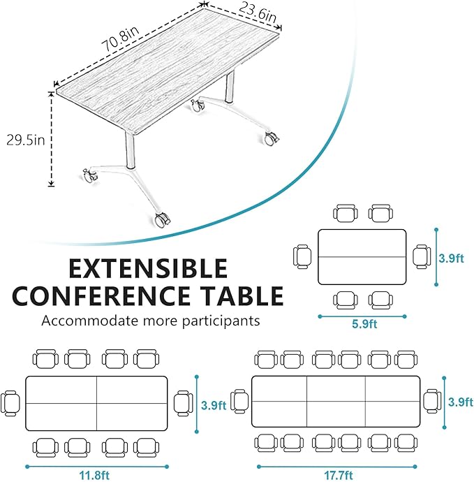 Goakwwuz Conference Room Table, Folding Conference Tables,Thicken Grey Tabletop,Flip Top Wooden Seminar Meeting Room Table for Conference Room Offices (6, Black+White, 70.8”)