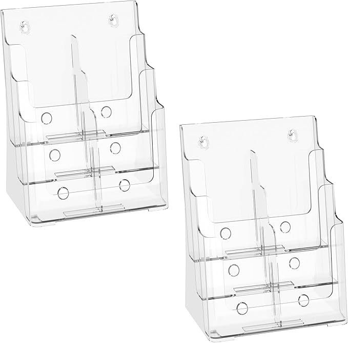 zavekia 2 Pack 3 Tier Acrylic Brochure Holder 8.5 x 11 inch, Clear Literature Organizer Magazine Stand with Removable Divider for 4 x 9 inch Brochures,Magazine Holder,Flyer Holder