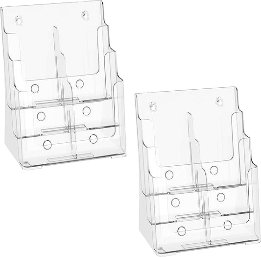zavekia 2 Pack 3 Tier Acrylic Brochure Holder 8.5 x 11 inch, Clear Literature Organizer Magazine Stand with Removable Divider for 4 x 9 inch Brochures,Magazine Holder,Flyer Holder