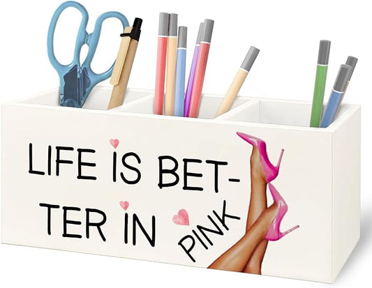 URLLUAE Cute Girly Pink Makeup Brush Toothbrush Holder Organizer for Dorm Bathroom Vanity, Life is Better in Pink Wooden Pen Pencil Holder for Desk Accessories