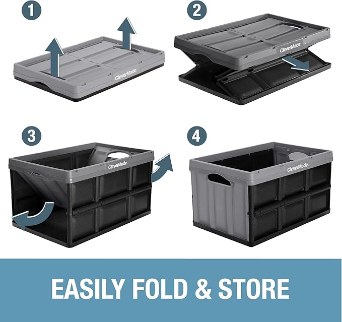 CleverMade Collapsible Storage Bins - Ocean 3 Pack 46L / 12 Gal holds 66 lbs - Stackable Containers Heavy Duty Capacity Crates Space-Saving
