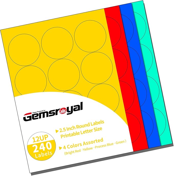 Gemsroyal 2.5 inch Colored Round Labels Printable,2.5" Color Coding Labels for Printer,2.5 Colorful Custom Round Stickers,4 Colors Assorted(Red,Yellow,Blue,Green),240 Neon Circle Labels in Total