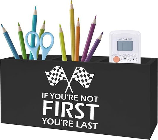 Exqcom Funny Car Racing Pen Pencil Holder for Kids Boys, Inspirational If You're Not First You're Last Pencil Pen Holder Organizer for Home Office Desk Accessories, Race Car Room Decor