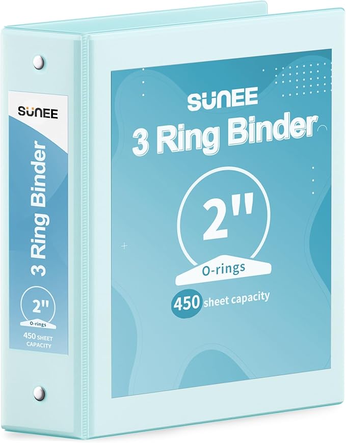 SUNEE 3 Ring Binder 2 Inch 1 Pack, Clear View Binder Three Ring PVC-Free (Fit 8.5x11 Inches) for School or Office Supplies, Pastel Blue