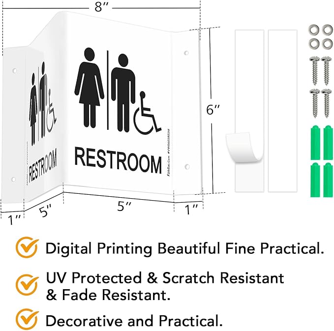 Faittoo Restroom Sign, Bathroom Signs, 2 Pack 6 x 8 Inches Acrylic Sign, for Office or Business Bathroom and Toilet Door or Wall Decor, Indoor Outdoor Use, White (Men and women with Handicap)