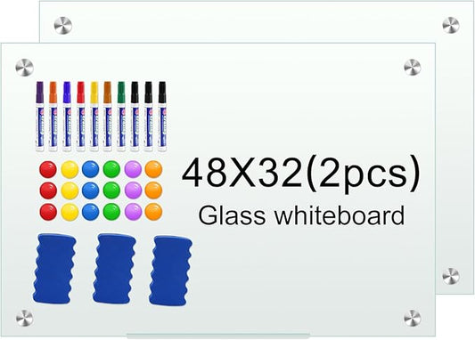 H-Qprobd Glass White Board for Wall Dry Erase Board 48" x 32" (2pcs) Magnetic Presentation Whiteboard for Home, Office and School