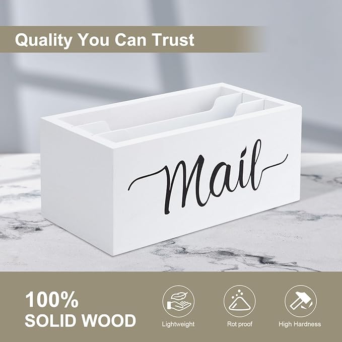 Desk Mail Organizer, Mail Organizer Countertop with 3 Slots, Wood Desk Mail Storage Box, Envelop Holder for Home Office (White-3 Slot)