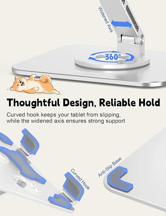 Aoviho Adjustable Tablet Stand for iPad - 360° Rotating Aluminum Desk Holder, Foldable Stable Stand for iPad Pro 12.9/11, Samsung Galaxy Tab, Home Office & Travel, Silver