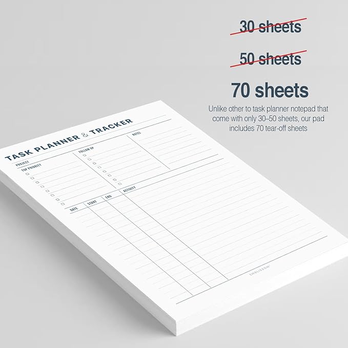 Task Planner & Tracker 8.5 x 11 Tear-Off 70 Sheet Planner Pad – Project Organizer with Time Log, Top Priority, Follow-Up – Notepad for Home & Office (White, Minimalist, 1 Pack)