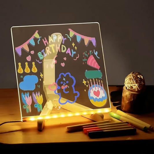 CAPOT Acrylic Dry Erase Board with Light 5.9 X 5.9” Light up Dry Erase Board with Stand as a Glow Memo LED Letter Message Board Led Note Board White Board with 7 Color Pen for Office School Home