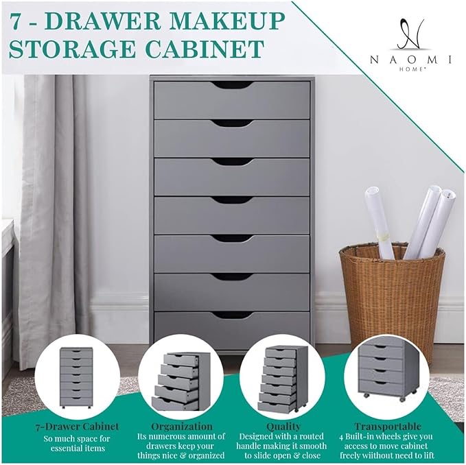 Naomi Home Debbie 7-Drawer Craft & Office Storage Cabinet, White – Rolling File Cabinet with Wheels, Chic Design for Supplies & Folders, 15.7" D x 18.9" W x 34.2" H