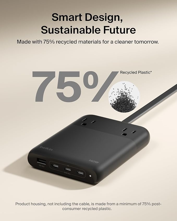 Belkin 2-Outlet GaN Charging Station 140W, USB C Charger w/ 2X AC Outlets, 3X USB C Ports, and 1x USB A Port - Power Strip for iPhone, Apple Watch, iPad, MacBook, Chromebook, Galaxy, Pixel, & More