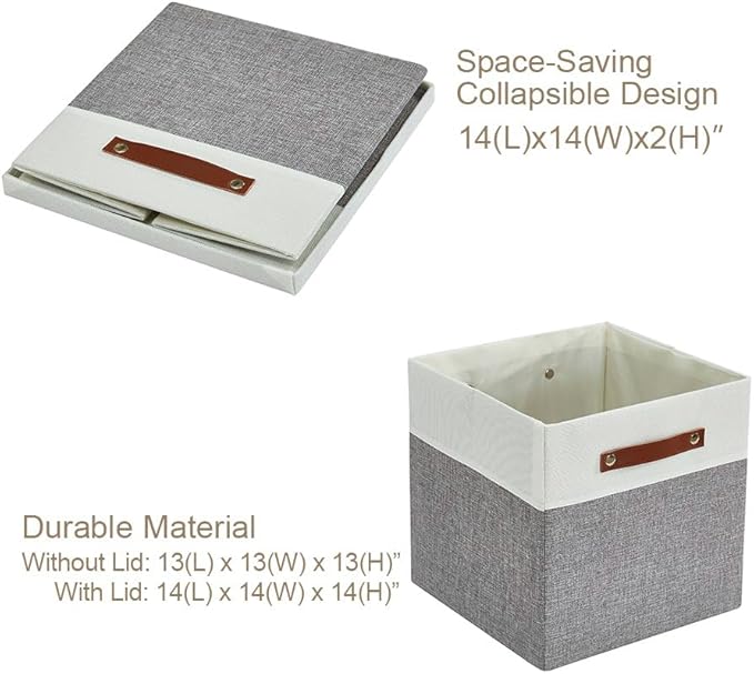 DECOMOMO Storage Basket with Lid, Storage Cubes with Handles, Fabric Box with Lid (Grey and White, 13” / 3 Pack)
