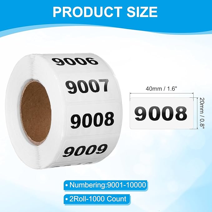 PATIKIL 0.8 x 1.6 Inch Inventory Number Sticker, 2 Roll 9001 to 10000 Consecutive Number Labels Self-Adhesive Labels Tag 1000 Stickers for Office Warehouse Numbering Classification, Black