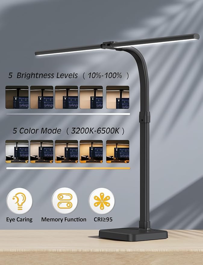 AKRRYR LED Desk Lamp for Home Office, Double Head 24W with Base, Architect Light 5 Lighting Brightness Flexible Gooseneck Table Reading Study, Black