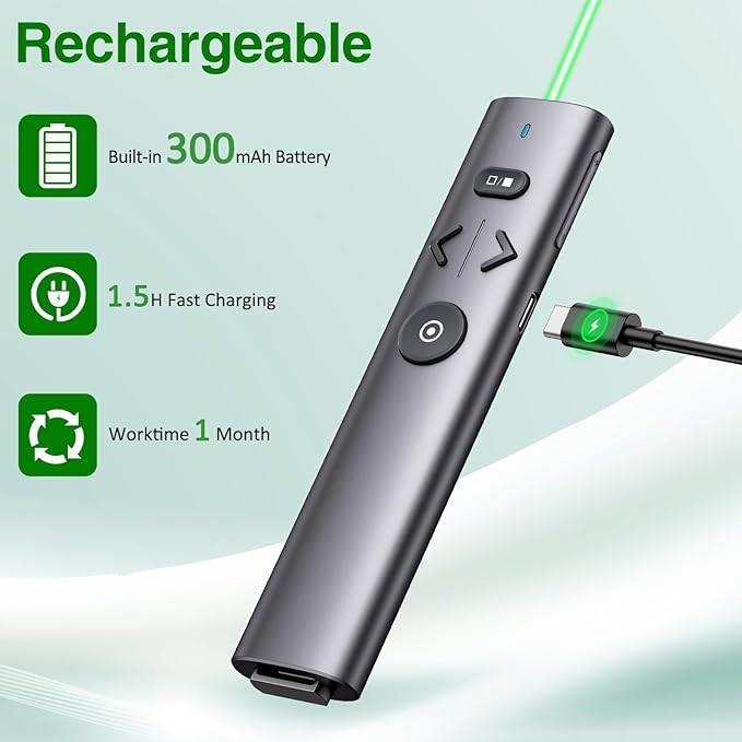2 in 1 USB Type C Presentation Clicker with Green Pointer, Rechargeable Wireless Presenter for PowerPoint Presentation Pointer PPT Clicker, 2.4GHz Presenter Remote Slide Advancer for Computer MacBook