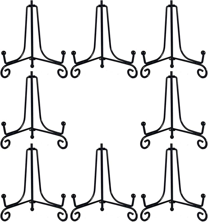HENABLE 8PCS Premium Black Iron Plate Stands for Display 4 Inch, Decorative Solid Metal Plate Holders for Displaying, Mini Easel, Frame, Book, Card, Plaque, Bowl, Picture Stands for Display