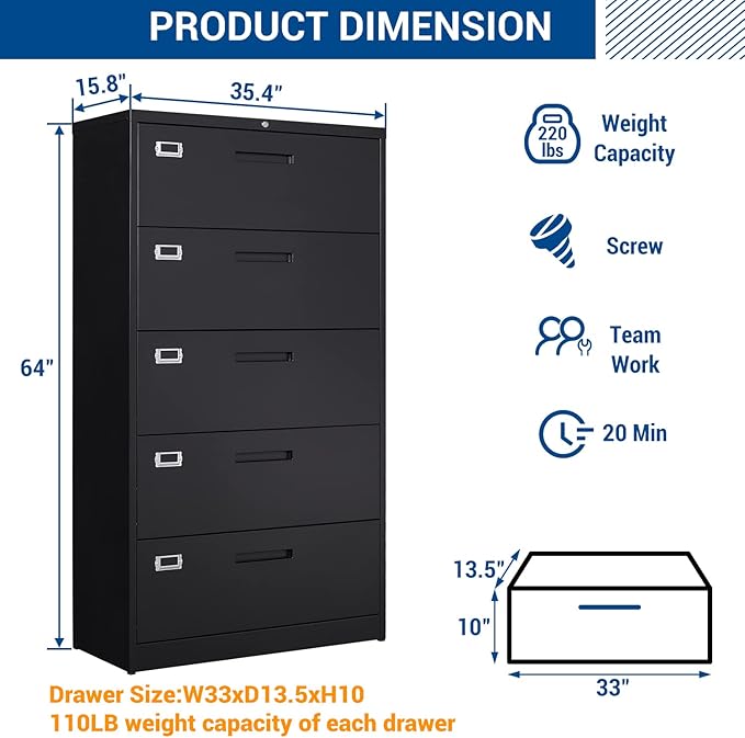Fesbos Lateral File Cabinet with 5 Drawers - Metal Steel Filling Cabinets for Home Office - Lockable Storage Cabinet for Hanging Files Letter/Legal/F4/A4 Size-Assembly Required