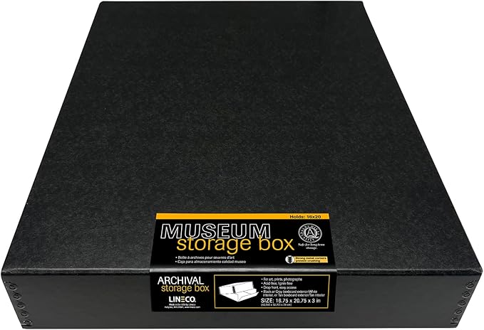 Lineco Museum Archival Storage Box, 16.75x20.75x3 in. Drop Front Design. Acid-Free with Metal Edge. Organize Photos, Pictures, Prints, Documents, Crafts, DIY. Black, 1 Pack
