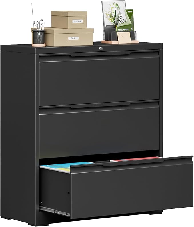 Bestoo 3-Drawer Lateral File Cabinet with Lock, Filing Cabinet for Home Office, Metal File Storage Cabinets, Fits File Folders, Letter/Legal/F4/A4 Sizes, Assembly Required (Black)