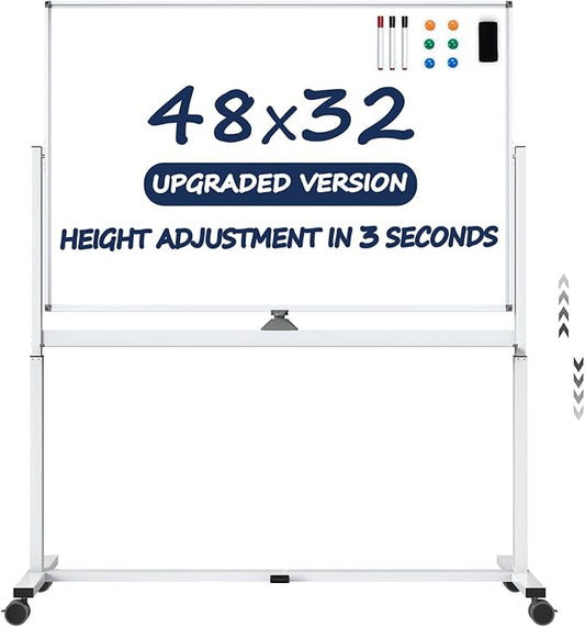 Large Dry-Erase Rolling Magnetic Whiteboard - TSJ OFFICE 48 x 32 Inches Dry Erase Board with Stand Height Adjust Double Sides Mobile White Board Easel on Wheels Office, Home & Classroom