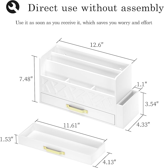 Wisuce Home Wooden Desk Organizer,Desktop Organizer File Sorter for Office Supplies, Mail Organizer with Drawer,Desk Accessories & Workspace Organizers for Women （White）
