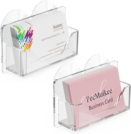 PecMuikee Window Mount Business Card Holder with Suction Cups，Clear Acrylic Business Card Display Stand,Multiple Business Card Holders for Office, Exhibition, Home, Restaurant 1Slot 2 Pcs