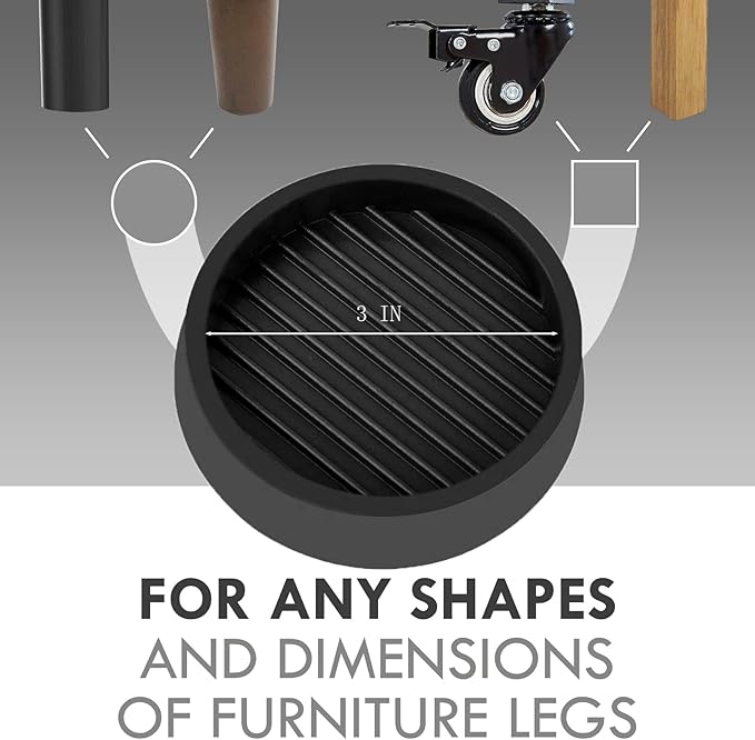 VOCOMO 3X3 Round Rubber Caster Cups, Non Slip Furniture Pads, Anti-Slip Gripper, Anti Skid Furniture Feet, Anti Slide Floor Protector for Bed Couch Table Chair Stoppers - Black, 8 Pack