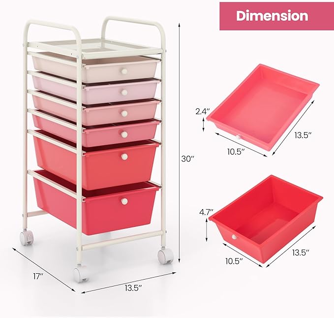 Giantex 6 Storage Drawer Cart Rolling Organizer Cart for Tools Scrapbook Paper Home Office School Multipurpose Mobile Utility Cart (Pink Gradient)
